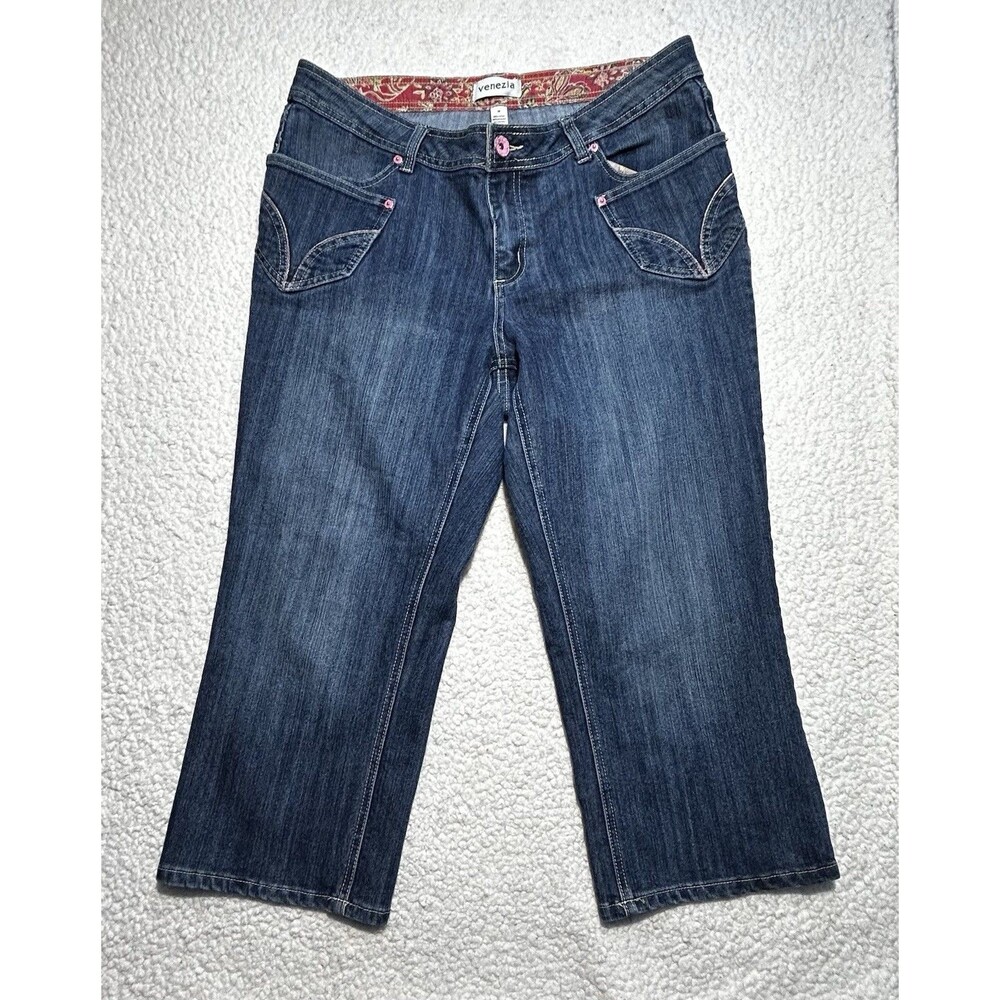 Venezia Lane Bryant Denim Capri Crop Jeans Size 18 Blue Pink Buttons Floral